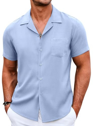 COOFANDY Mens Short Sleeved Shirts Summer Shirt Cuban Shirt Casual Holiday Shirts with Front Pocket Regular Fit Light Blue M