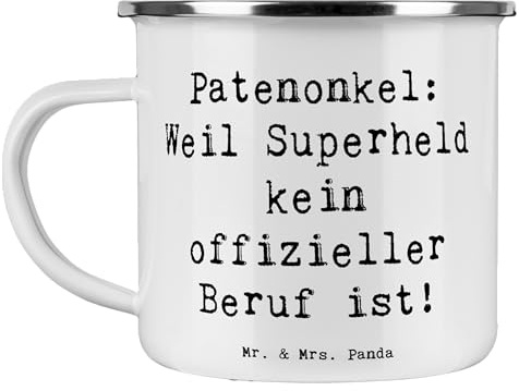 Mr. & Mrs. Panda Camping Emaille Tasse Spruch Patenonkel Superheld - Geschenk, Emaille Trinkbecher, Jubiläen, Patengeschenke, Tasse Camping,