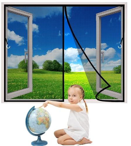 Magnetischer Fenster Fliegen Insektenschutzvorhang, 185x125cm verstellbares Fliegengitternetz mit magnetischem Blockverschluss, einfache Installation für alle Fensteren, Schwarz 1995-Größe