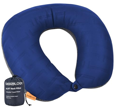 TREKOLOGY Inflatable Neck Pillow for Travel, Blow Up Neck Pillow for Travel with Removable Cover (Blue)