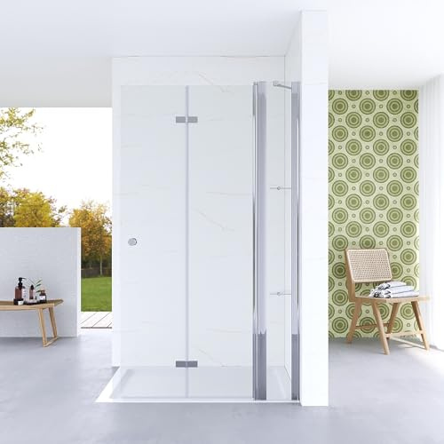 Walk-in Duschwand Glas 120 cm breit Duschtür an Festteil mit Eckablage Duschabtrennung faltbar Falttür Begehbare Dusche Duschtrennwand aus Sicherheitsglas (ESG) 5 mm | Öffnungsseite OHNE Wandprofil