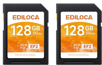Ediloca SD Card 128GB, 2Pcs, Memory Card, Up to 100MB/s, UHS-I, C10, U3, V30, Full-HD & 4K Video, DSLR Camera SD Card, Must-Have for Professional Photographers(EF2)