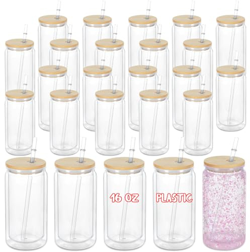 Maucircol Acryl-Schneekugel-Becher, 473 ml, vorgebohrt, doppelwandig, Kunststoff, transparent, für Glitzer-Schneekugel zum Selbermachen, doppelwandige Kunststoff-Schneekugelbecher mit Bambusdeckel, 25