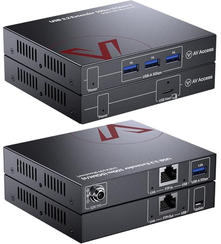 AV Access HDbaseT USB 3.2 Extender über Ethernet Cat6a/7 100M, 4 USB 3.2 Ports 5 Gbps für Langstrecken-Erweiterung, inkl. 2m USB C-auf-A-Kabel, Plug&Play, Kompatibel mit Allen Betriebssystemen, PoC