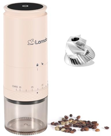 Lamido - Portable Electric Coffee Grinder with Stainless Steel Burr, Rechargeable Bean Mill with 38 Adjustable Grind Settings, Small Cordless Grinder for Travel, Espresso
