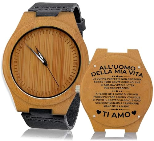Bramart Orologio uomo in Legno con Incisione Personalizzata, All'Uomo della mia vita Regalo Compleanno Natale, Orologio da Polso con Dedica Speciale, Materiali di Alta Qualità (Al mio Uomo)