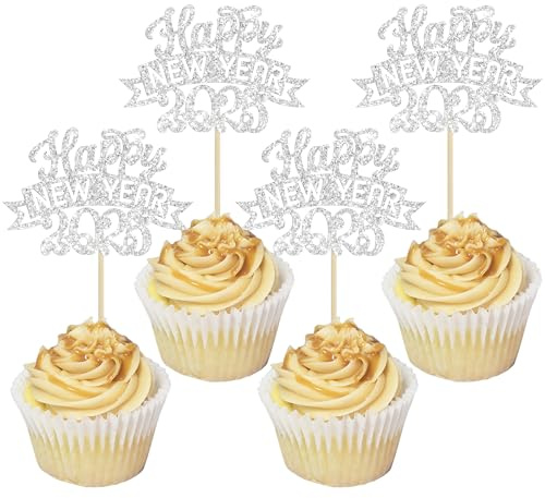 Ephlyn 24 Stück 2025 Happy New Year Cupcake-Topper, Glitzer, Feuerwerk, Hello 2025, Cupcake-Picks für Cheers to 2025, Happy New Year Eve Thema, Urlaub, Party, Kuchendekorationen, Zubehör, Silber