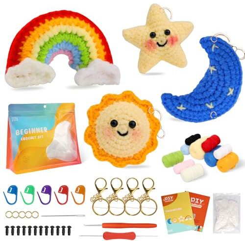 Kaluofan Häkelset für Anfänger, Häkelset für Anfänger, Wetterpuppe, Häkelset für Anfänger und Erwachsene, Bastelkunst (1 x Sonne, 1 x Stern, 1 x Regenbogen, 1 x Mond)