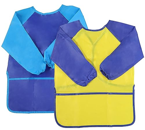 EASYKEENECOM Confezione da 2 grembiuli da pittura per bambini, grembiule da pittura impermeabile per bambine/ragazzi, grembiule da artigianato per bambini con maniche e tasche (38 * 55cm)