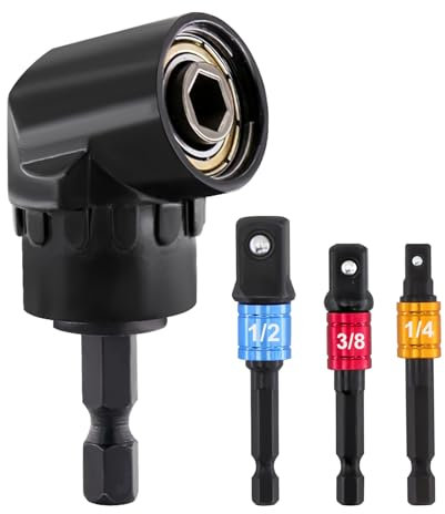 BEASAFY Adattatore per avvitatore angolare da 105°, punta ad angolo retto, attacco esagonale da 1/4, attacco angolare per avvitatore a batteria con 3 adattatori per bussola (1/4, 1/2, 3/8)