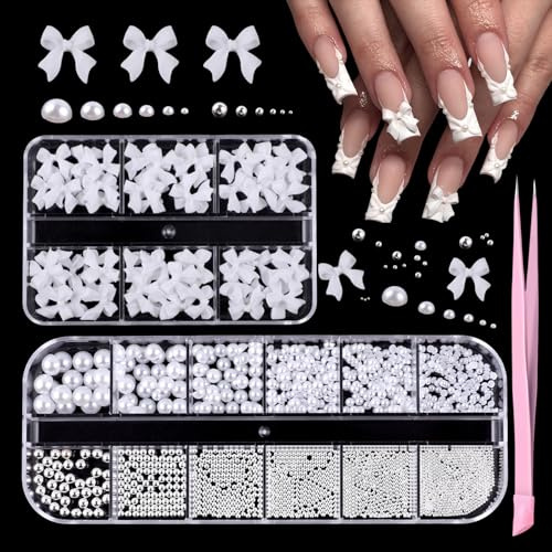 GZMAYUEN 3D Schleifen Nagel Charms und Flache Perlen, Weiße Schleifen Nagel Kunst Charms, Weiße Halbperlen für Nagelschmuck DIY Zubehör