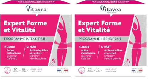 VITAVEA BIEN-ETRE - Préparation minceur Expert Brûleur graisses installées et Ventre plat - Programme Intensif 24h Jour/Nuit - Guarana Menthe poivrée Chrome - 20 sachets - Fabriqué en France