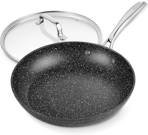 Padella antiaderente da 10 pollici con coperchio, pentolame in marmo, rivestimento in pietra (26 cm/nero)