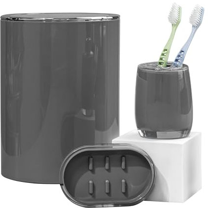 bremermann Set di accessori da bagno Savona da 3 pezzi, composto da 1 secchio cosmetico da 5,5 litri, 1 bicchiere per spazzolino, 1 portasapone, accessori da bagno in plastica, grigio