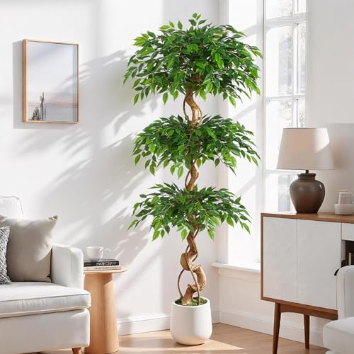 Keeplush 6ft Large Ficus Artificial Trees in White Pot, 72 Tall Fake Silk Tree with Natural Curved Trunk, Lush Faux Ficus Tree for Indoor Home Decor, Living Room, Office & Patio