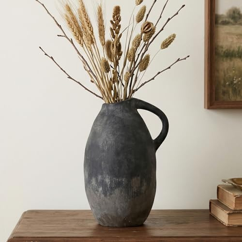 Duoqulou 10.3 Inches Decorative Ceramic Rustic Vase,Black Large Terracotta Floor Vase for Centerpieces, Vintage Home Decor, Living Room, Dining Room, Kitchen