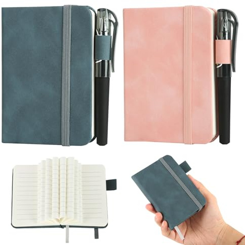2 Stück Notizbuch Klein, Tragbar Mini Notizbuch A7 mit Stift und 200 Seiten, Kleines Notizbuchs mit Elastischem Verschlussband und Stifthalter, Notizblock Klein für Männer Frauen (Dunkelblau, Rosa)