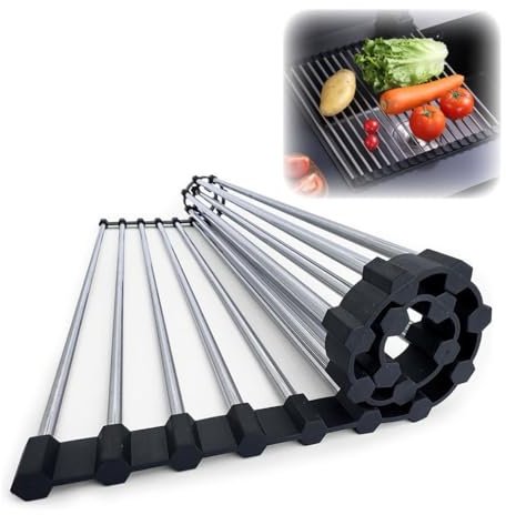Escurreplatos extensible enrollable, colador multiusos para fregadero de cocina, escurridor plegable de acero inoxidable para ahorrar espacio