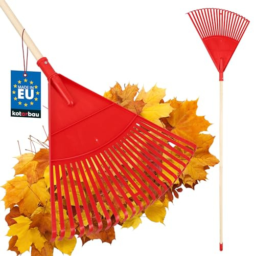 KOTARBAU® Trädgårdskratta - Plast - 48 cm - Trähandtag 150 cm - Extra-Click Funktion - Lövräfsa - Robust Räfsa - Plastkratta Trädgårdsräfsa - För Höstlöv Häckklippning - Röd & Taturfärgat Trä