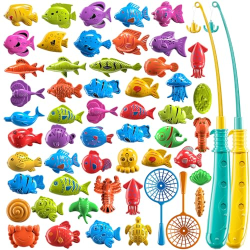 JUKUDAHU Magnetisches Angelspielzeug für Kinder ab 3 Jahre | 51 Fische, Outdoor Pool Spielzeug, Badespielzeug, Geschenk für Jungen Mädchen 3-8 Jahre