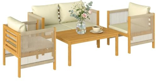 Outsunny Salon de Jardin 4 Pièces, Bois d'Acacia, Corde Tressée, Naturel | Ensemble de Mobilier, Coussins Déhoussables, Canapé 2 Places, 2 Fauteuils, Table Basse, Style Bohème Chic