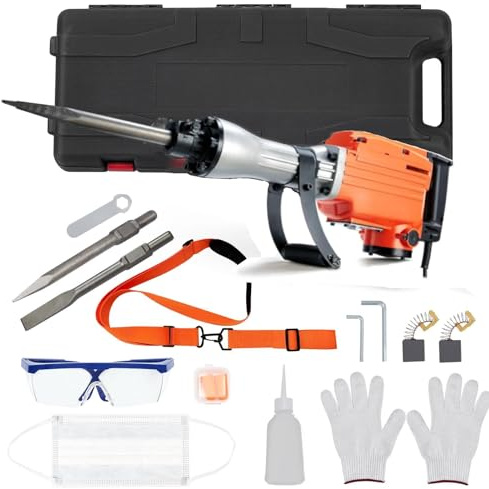Marteau perforateur 1700W avec 3 Burins Remplaçables,Marteau piqueur avec Poignée Rotative 360° Anti-Vibration,1400 BPM,sac de Transport,Marteau de Démolition pour Burinage Construction Plomberie