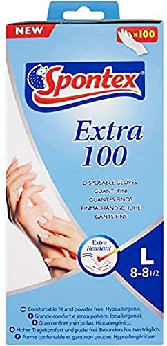 Spontex Extra 100 - Guantes finos de vinilo hipoalergénico, 100 unidades, talla L-8, color crema - [Pack de 2]