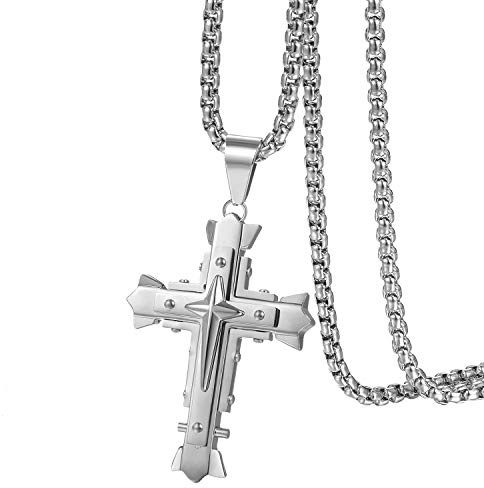 Flongo kors hänge halsband, herr rostfritt stål Lords bön 3 lager kors hänge halsband, 55,8 cm kedjehalsband för män fars dag jul alla hjärtans dag
