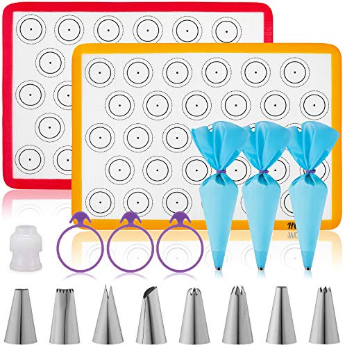 HOTPOP Piping Bags and Tips Set for Macarons - 17-Piece Baking Supplies Kit - Reusable Silicone Pastry Bags - 2 Half-Size Baker Mats - Ideal for Home Pastry Baking (16.5x11.5)