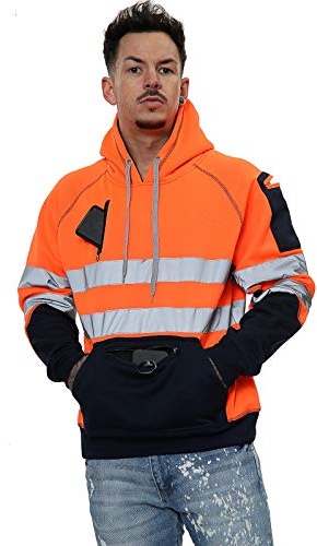 Hi Vis 3 Zips Hoodie High Visibility Reflective Tape Band Work Fleece Safety Hooded Top Phone & ID Pockets Pullover Hood SweatShirts Jacket Warm Security Plus Sizes Small - 5XL (3XL, Orange Pullover)