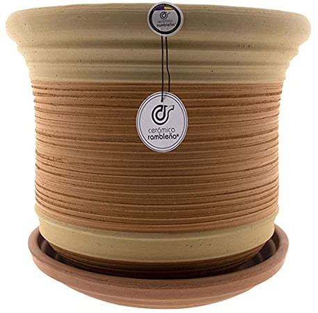 CERÁMICA RAMBLEÑA | Maceta Grande Exterior | Suelo Campana Baja Rústica-Rayada Modelo J29 | Plato Incluido 33x33x30 cm