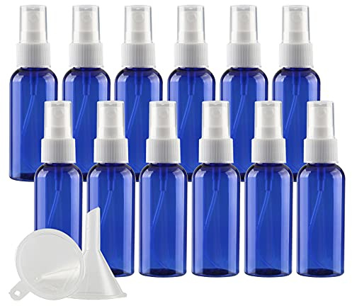 ZEOABSY 12 Pezzi 50ml Flaconi Spray Vuoti, Bottiglie Spray Blu Plastica Fine Nebbia Bottiglia Set da Viaggio, Flacone Spray Atomizzatore Vuoto con Pompa Nero, Alcool Profumo Sprayper