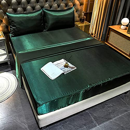 Juego de sábanas bajeras de satén de Seda Verde Doble de 4 Piezas, sábanas bajeras Ajustables de Hotel, Juego de sábanas de Seda Rica en la Parte Superior Sedosa con Bolsillo Profundo Suave y sábana