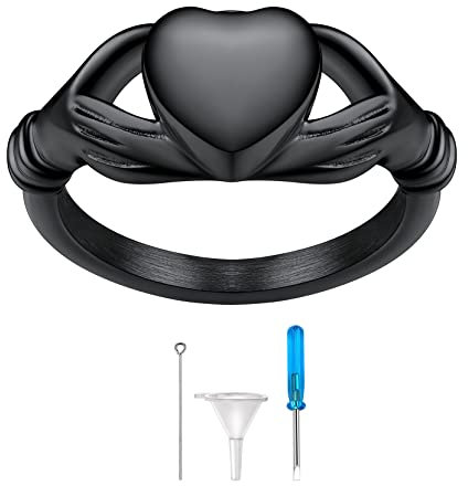Richsteel Damen Herren Claddagh Ring in Größe 64.6 Schwarz Memorial Kremation Fingerring für Asche Feuerbestattung Schmuck