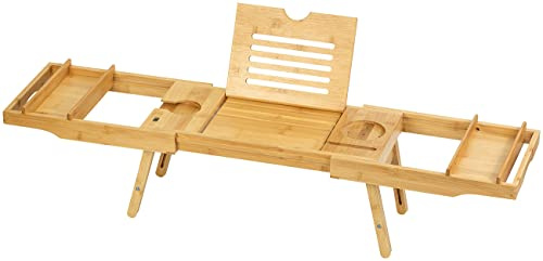 BadeStern Badewannenablage: Verstellbare Badewannen-Ablage & Bett-Tablett, Bambusholz, 75-109 cm (Badewannen Auflage, Badewanneablage, Wein)