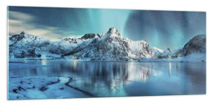 Moderne Impression sur Verre 100x40cm Image Tableau en Verre Decoration Murale Aube Polaire Montagnes Grand Tableaux Decoratifs Muraux Chambre Cuisine Panoramique Deco Cadre Salon Art GAB100x40-4196