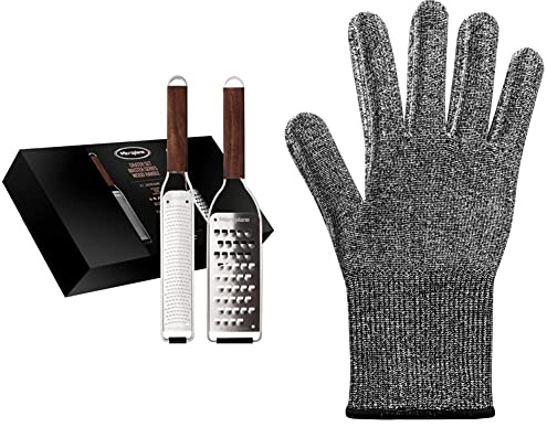 Microplane Reiben-Set Zester & Extra-Grob Walnuss Edelstahl aus der Master Serie für Zitrusfrüchte, Hartkäse & Schutzhandschuh Universalgröße Schnittfester Handschuh Grau 1 Stück 34027