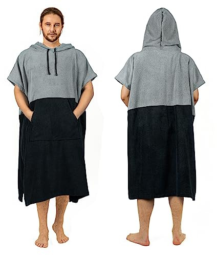 Zingtto Surf-Poncho, Extra Großer, Dicker Handtuch-Poncho für Männer und Frauen mit Kapuzentasche zum Schwimmen am Strand, 47''x37'', Schwarzgrau