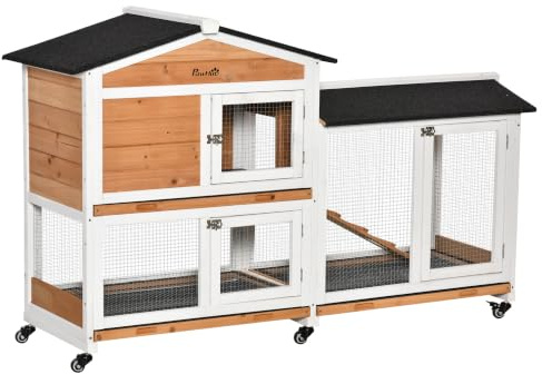 PawHut Kaninchenstall Outdoor mit Laufstall 157.4 x 53 x 99.5 cm Gelb | Meerschweinchenstall, 2-stöckiger Kaninchenkäfig, Räder, auslaufsicheres Kunststofftablett