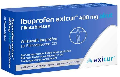 AXICUR Ibuprofen 400 mg akut Filmta für Schmerzen und Fieber, 10 Stück | Schmerzen und Fieber, Ibuprofen, 400 mg, Filmtabletten, Packungsgröße: 10 Stück