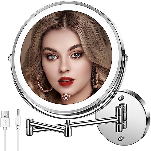 MNIENT Wall Mounted Lighted Makeup Mirror, 8 Rechargeable Double-Sided Light up Magnifying Mirror 1x/10x, 3 Colors Led Vanity Mirror with Lights, Touch Dimmable 360° Rotation Foldable