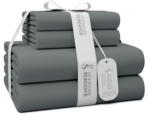 SUPREME ELEGANCE Jersey Knit Dark Gray 3-Piece Twin Sheet Set, T-Shirt Bed Sheets with Soft Cotton Blend Heather Fabric, Wrinkle-Resistant, Deep Pocket Fitted Sheet, All-Season Twin Bedding Set