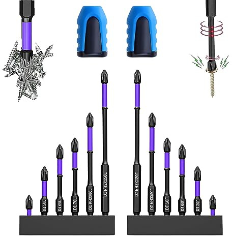 D1 Anti-Slip and Shock-Proof Bits with Phillips Screwdriver Bits-Upgraded High Hardness and Strong Magnetic Bit,Non-Slip 1/4 Inch Hex Shank Cross Impact Driver Bit Set(12Pcs/Set+2Bit Holder)