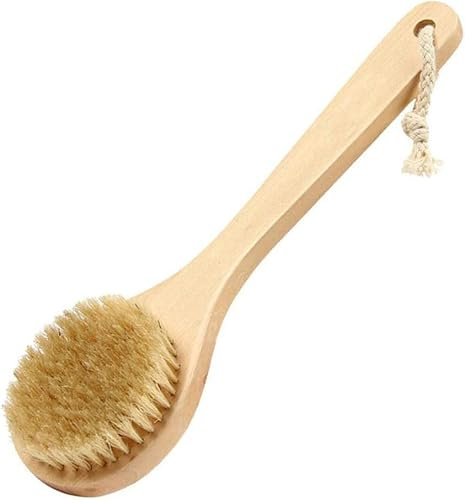 Trockenbad-Körperbürste, Rückenschrubber, 25 cm, kurzer Griff, Naturborsten, Bade- und Duschbürste mit rutschfestem Holzgriff, perfekt für Peeling/Durchblutung