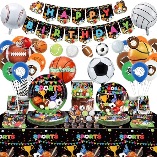 Decoraciones de fiesta de cumpleaños temáticas deportivas - incluyendo pancartas de feliz cumpleaños, vajilla, mantel y globos, fútbol baloncesto tema de béisbol suministros de fiesta deportiva,