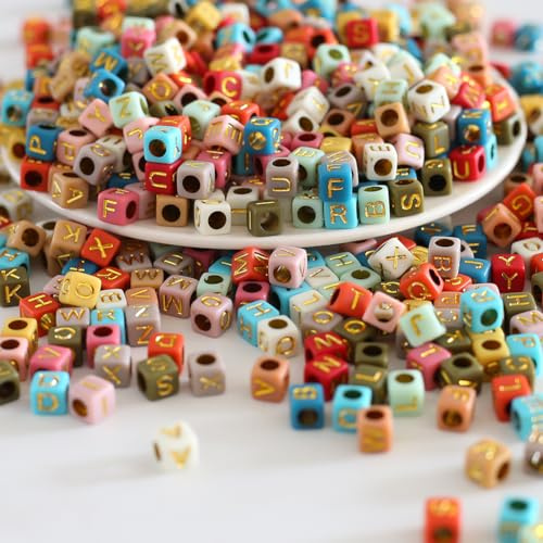 Zsail Buchstabe Perlen 1000Stücke Acryl Alphabet Buchstabe Perlen A-Z Buchstabe für Schmuck Herstellung (6mm bg color-gold)