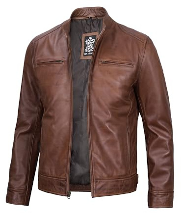 Blingsoul Lederjacken für Herren – echtes Lammfell im Motorrad-Stil für Herren, Dodg - Cognac Jacke, XXX-Large