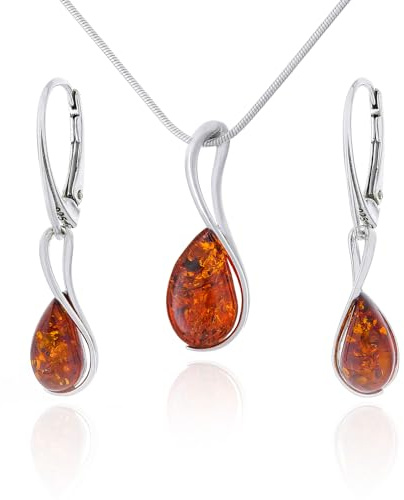 AMBEDORA Litet damsmyckeset Monique 2, polerat sterlingsilver, baltisk bärnsten i konjakfärg, silverhänge på kedja och örhängen, Sterlingsilver, Bärnsten