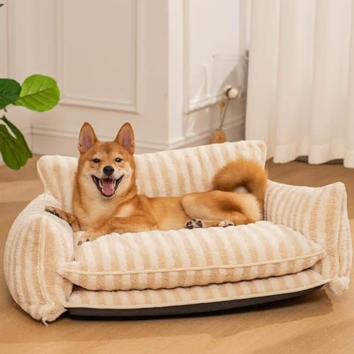 RUYICZB Bäddsoffa för husdjur, trendigt randig dubbelvikt bäddsoffa i imiterad lammull för hund och katt, fluffig kattsoffa med halkfri botten, söt liten hundbädd,Beige,65x40x30cm