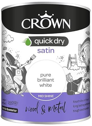 Crown Quick Dry Satin Paint Brilliant White 750ml, Wood, Metal, Int/Ext